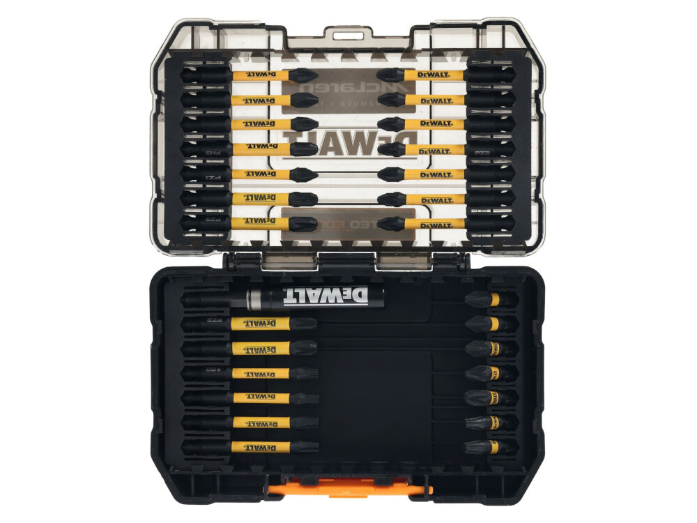 Zestaw bitów DEWALT McLaren DT70902T-QZ 28 szt. otwarte pudełko z bitami na białym tle kaseta Tough Case+ bezpieczne przechowywanie bitów łączenie z innymi elementami systemu blokada końcówek laserowo naniesione oznaczenia rozmiarów