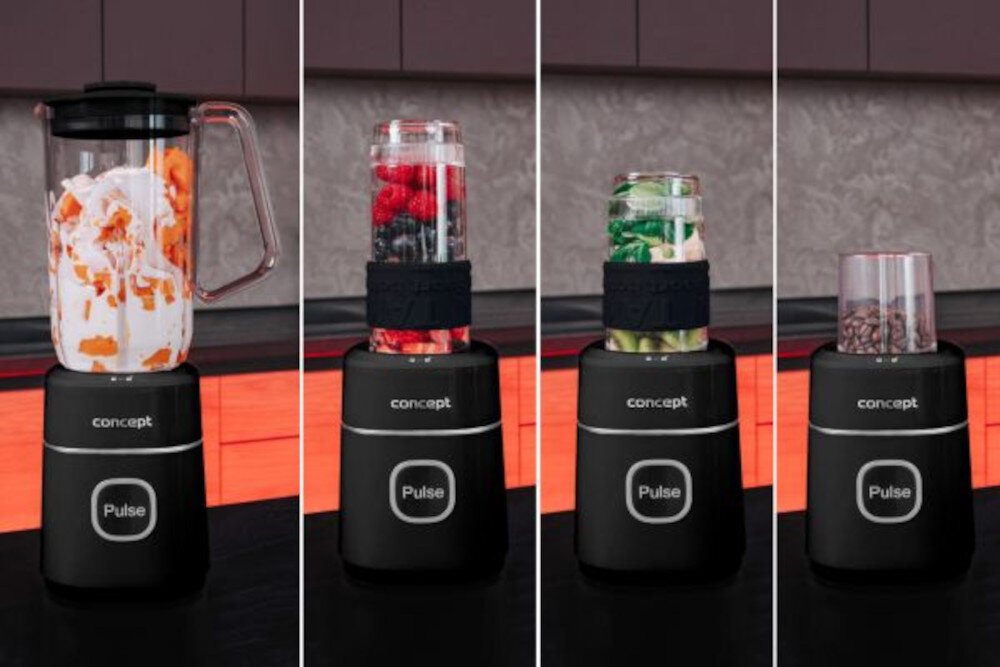 Blender kielichowy CONCEPT SM3490 Czarny + młynek Do miksowania i mielenia smoothie, koktajle, sosy i mrożoną kawę moc siekać mięso, orzechy oraz mielić przyprawy i kawę Funkcja PULSE ulubione potrawy i napoje