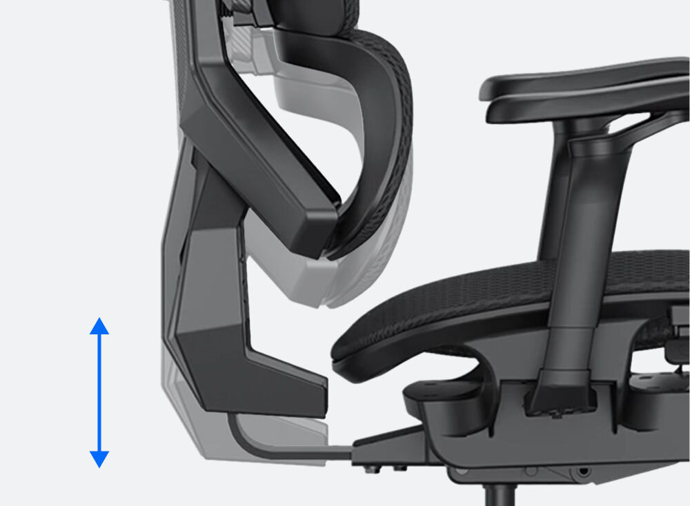 Fotel ANDA SEAT X-Air Pro XL Czarny prezentacja możliwej regulacji wysokości oparcia 7-stopniowa regulacja wysokości oparcia indywidualne dopasowanie prawidłowe podparcie pleców i szyi rozwiązanie dla wyższych osób