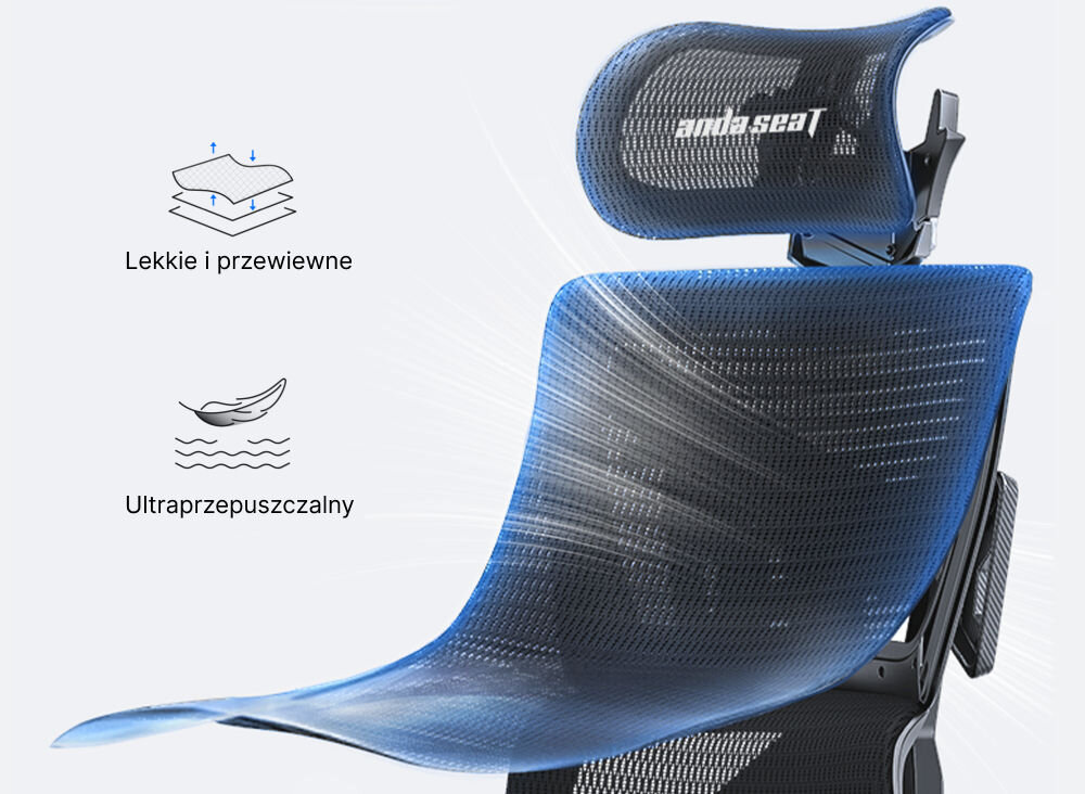 Fotel ANDA SEAT X-Air Pro XL Czarny prezentacja wentylacji fotela na jasnym tle lekkie i przewiewne ultraprzepuszczalny siatka komfort w upalne dni oddychający materiał zapobiega przegrzaniu koncentracja