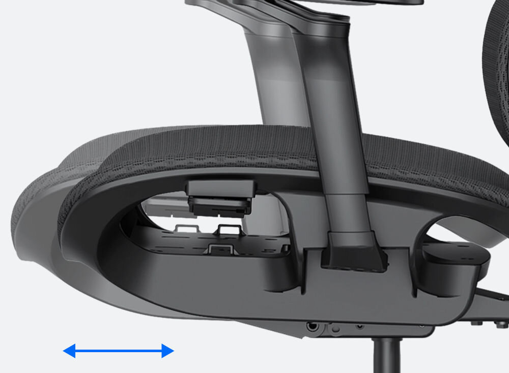Fotel ANDA SEAT X-Air Pro XL Czarny prezentacja regulacji głębokości siedziska do 6 cm dopasowanie do nóg użytkownika komfort dla ud i dobre podparcie przy długotrwałym siedzeniu