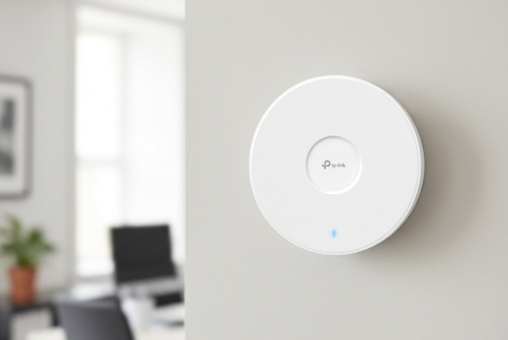 Na ścianie zamontowane jest okrągłe urządzenie z logo TP-Link na środku. W tle widać rozmyty obraz biura z biurkiem i rośliną.