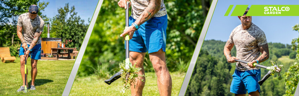 Wyrywacz do chwastów STALCO GARDEN EXP S105210372 kolaż trzech zdjęć osoba wyrywa chwasty na trawniku osoba trzyma wyrywacz w dłoni zbliżenie na ostrze skuteczne usuwanie chwastów do pracy w ogrodzie wygoda