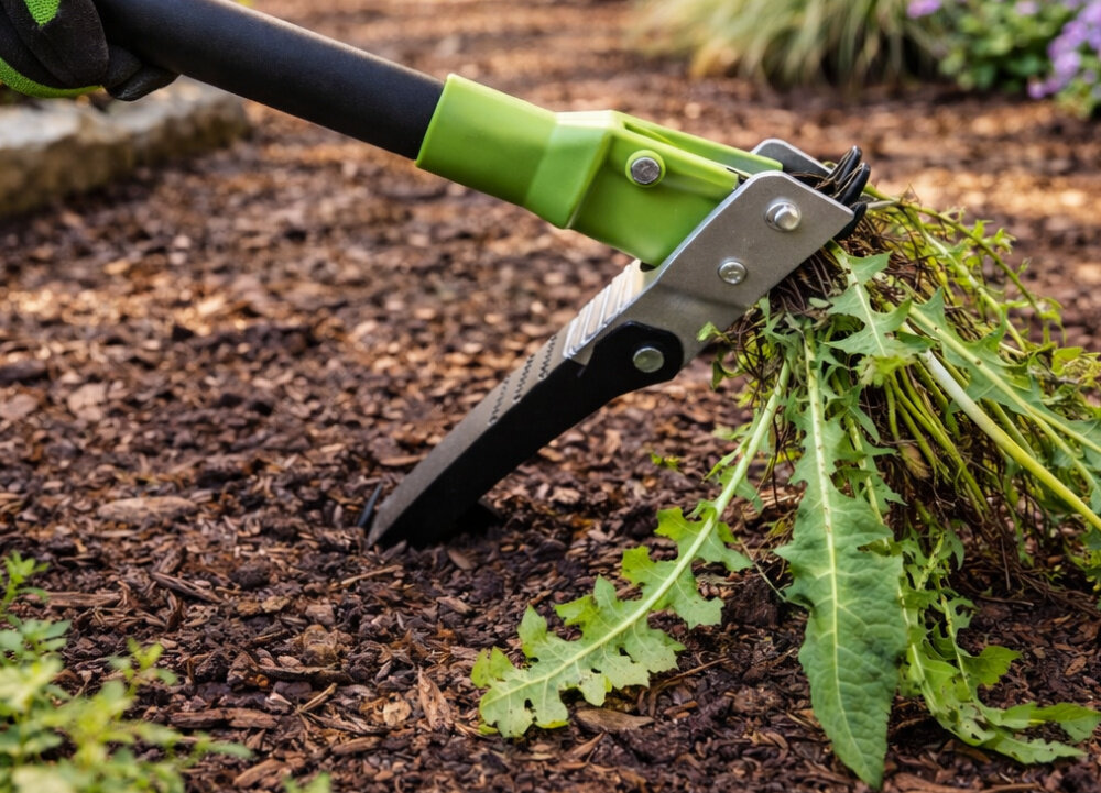 Wyrywacz do chwastów STALCO GARDEN EXP S105210372 rabata kwiatowa zbliżenie na ostrza w ostrzach chwast w tle kwiaty uchwyt z tworzywa PP mechanizm sprężynowy łatwe usunięcie chwastu z narzędzia jednym ruchem przyspiesza tempo pracy intuicyjna obsługa