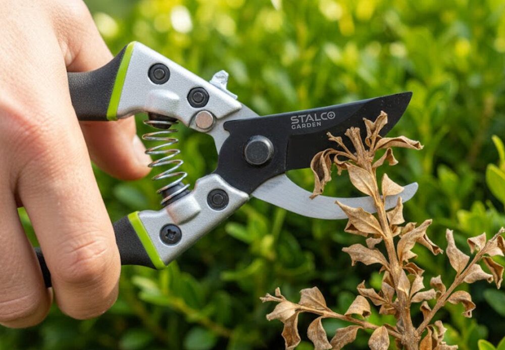 Sekator ręczny STALCO GARDEN S104010406 ogród krzewy osoba przycina gałązki na krzewach ostrze wykonane z wysokowęglowej japońskiej stali SK5 cięcie jest precyzyjne i czyste długość ostrza 70 mm dobra kontrola nad linią cięcia