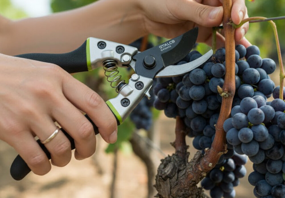 Sekator ręczny STALCO GARDEN S104010406 ogród osoba ścina kiść winogron konstrukcja nożycowa ostrze mijające nie zgniata pędów czyste, równe cięcie wspiera zdrowy wzrost roślin