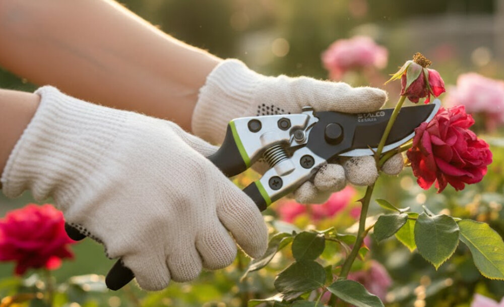 Sekator ręczny STALCO GARDEN S104010406 ogród róże osoba trzyma sekator w dłoniach aluminiowe uchwyty niska waga około 1 kg wysoka wytrzymałość konstrukcji długość całkowita około 210 mm swoboda ruchu odporność aluminium na korozję