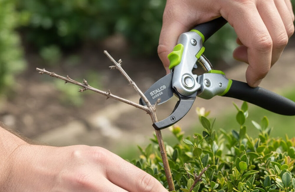 Sekator ręczny STALCO GARDEN S104010415 ogród krzewy osoba przycina gałązki na krzewach ostrze wykonane z wysokowęglowej japońskiej stali SK5 cięcie jest precyzyjne i czyste długość ostrza 40 mm dobra kontrola nad linią cięcia