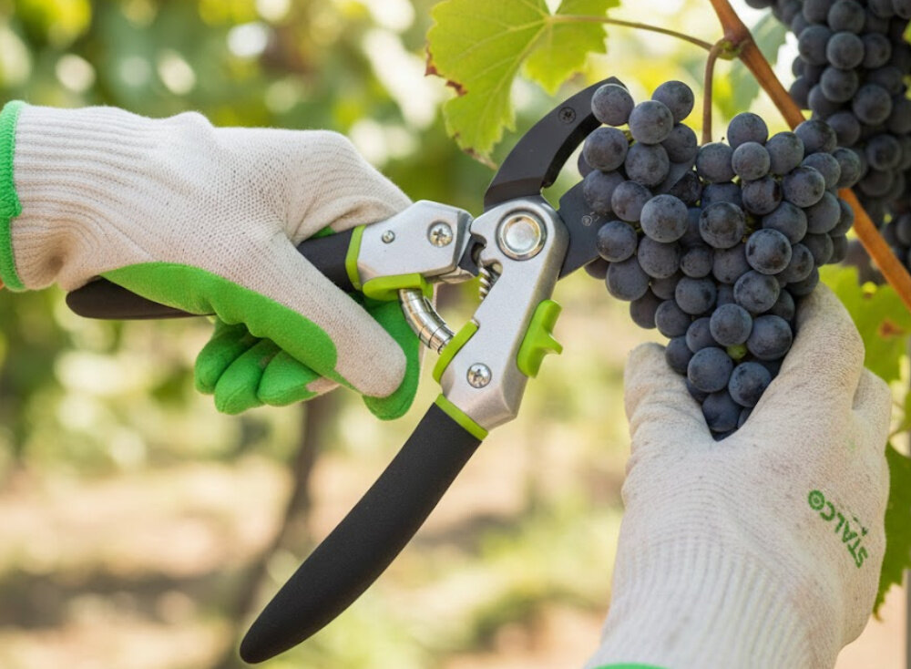 Sekator ręczny STALCO GARDEN S104010415 ogród osoba ścina kiść winogron konstrukcja nożycowa ostrze mijające nie zgniata pędów czyste, równe cięcie wspiera zdrowy wzrost roślin