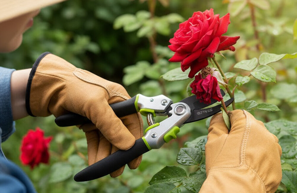 Sekator ręczny STALCO GARDEN S104010415 ogród róże osoba trzyma sekator w dłoniach aluminiowe uchwyty niska waga około 1 kg wysoka wytrzymałość konstrukcji długość całkowita około 200 mm swoboda ruchu odporność aluminium na korozję