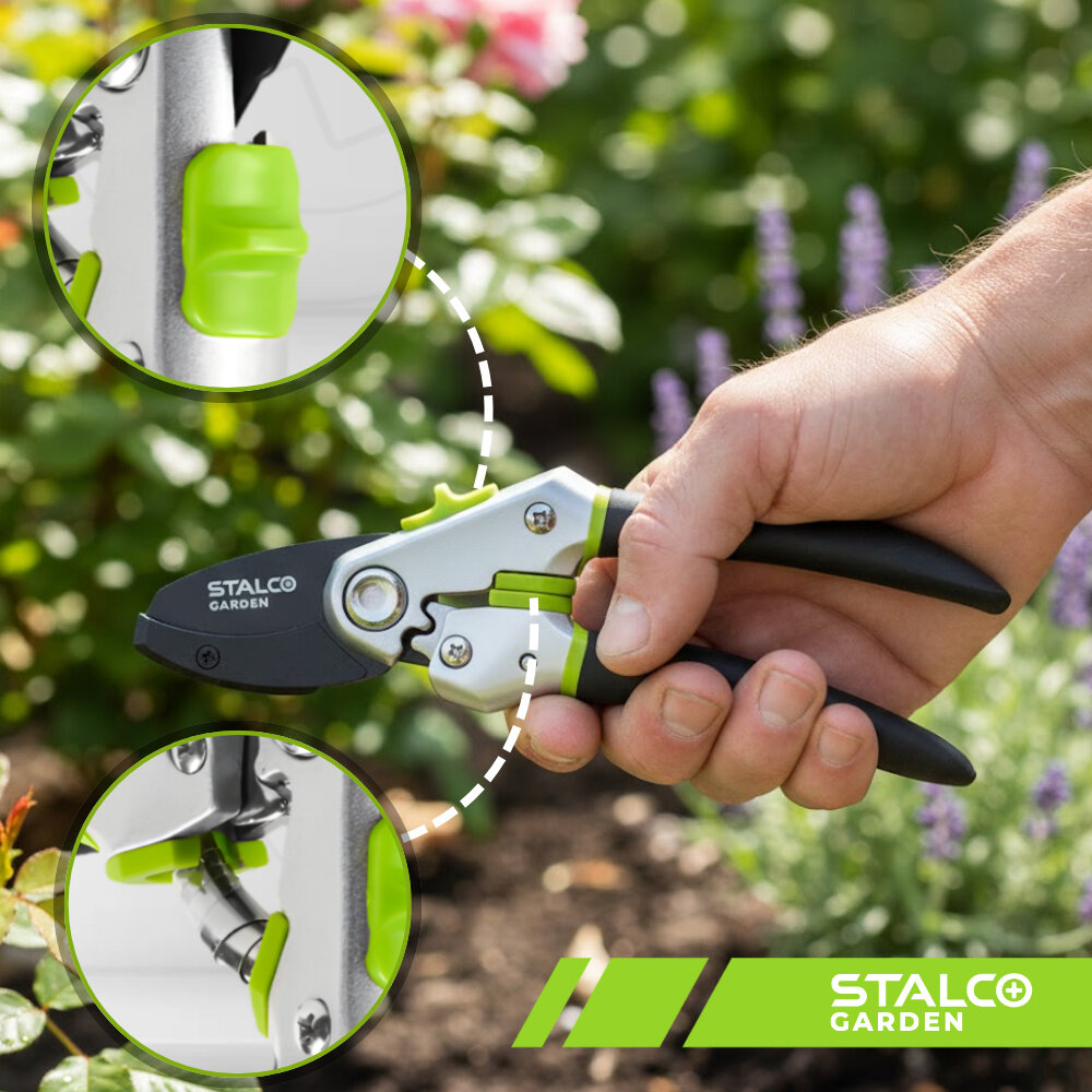 Sekator ręczny STALCO GARDEN S104010415 ogród osoba trzyma sekator w dłoni obok dwa zdjecia ze zbliżeniem na blokadę przełącznik blokady szybkie zamknięcie ostrza po zakończeniu pracy można bezpiecznie przechowywać zabezpieczenie chroni ostrze przed uszkodzeniem ogranicza ryzyko przypadkowego skaleczenia zwiększa bezpieczeństwo użytkownika