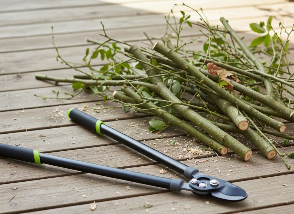 Sekator do gałęzi STALCO GARDEN S104020412 drewniana podłoga sekator leży na podłodze obok leżą ścięte gałęzie precyzyjne cięcie gałęzi pielęgnacja roślin zadbany ogród