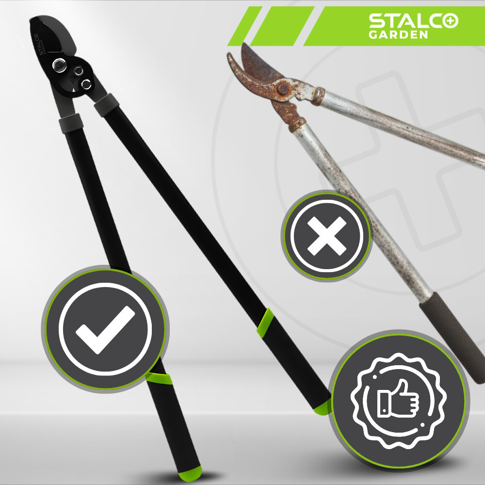 Sekator do gałęzi STALCO GARDEN S104020412 jasne tło sekator w dwóch ujęciach czysty i zardzewiały ostrze pokryte teflonem ogranicza tarcie zapobiega przywieraniu soków i resztek roślinnych cięcie przebiega płynnie opór podczas pracy jest mniejszy ułatwia to czyszczenie narzędzia i zmniejsza ryzyko korozji