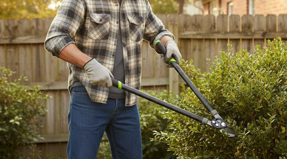 Sekator do gałęzi STALCO GARDEN S104020412 ogród osoba trzyma sekator w dłoniach przycina krzewy w tle drewniany płot aluminiowe uchwyty długość całkowita 730 mm waga 1,5 kg dobry zasięg i stabilność ułatwia manewrowanie sekatorem nad głową i w trudno dostępnych miejscach