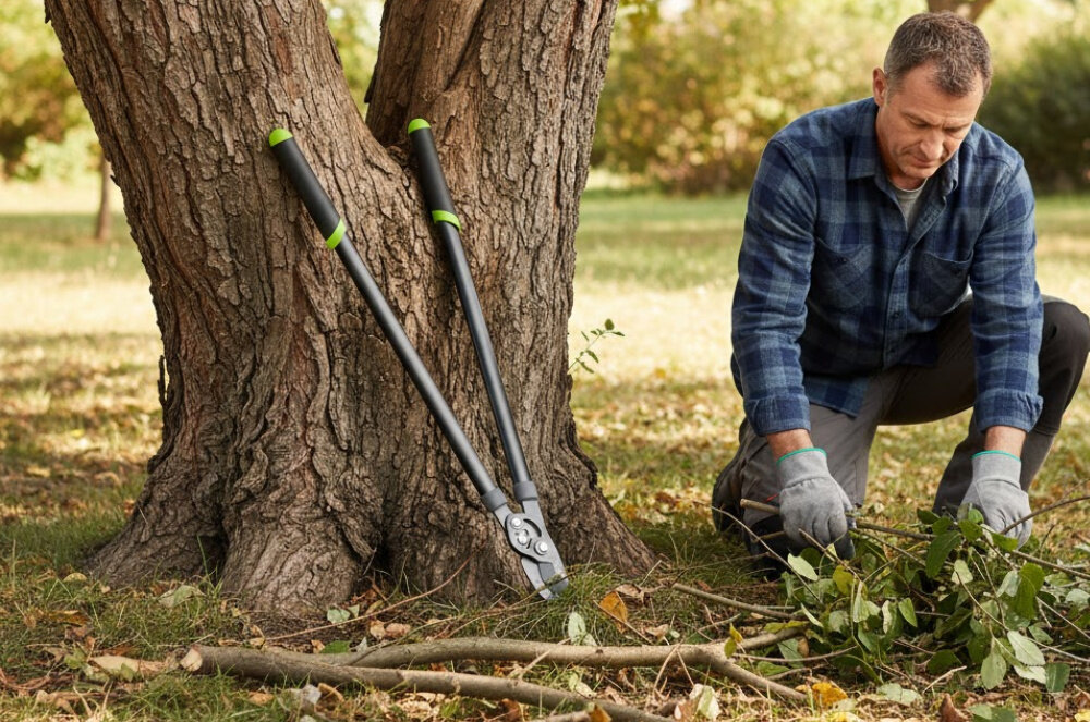 Sekator do gałęzi STALCO GARDEN S104020412 ogród osoba zbiera ścięte gałęzie obok oparty o pień drzewa stoi sekator solidna konstrukcja wysokiej jakości materiały przystosowany do częstego i intensywnego użytkowania odporność na uszkodzenia mechaniczne i działanie wilgoci trwałe narzędzie do regularnej pielęgnacji ogrodu