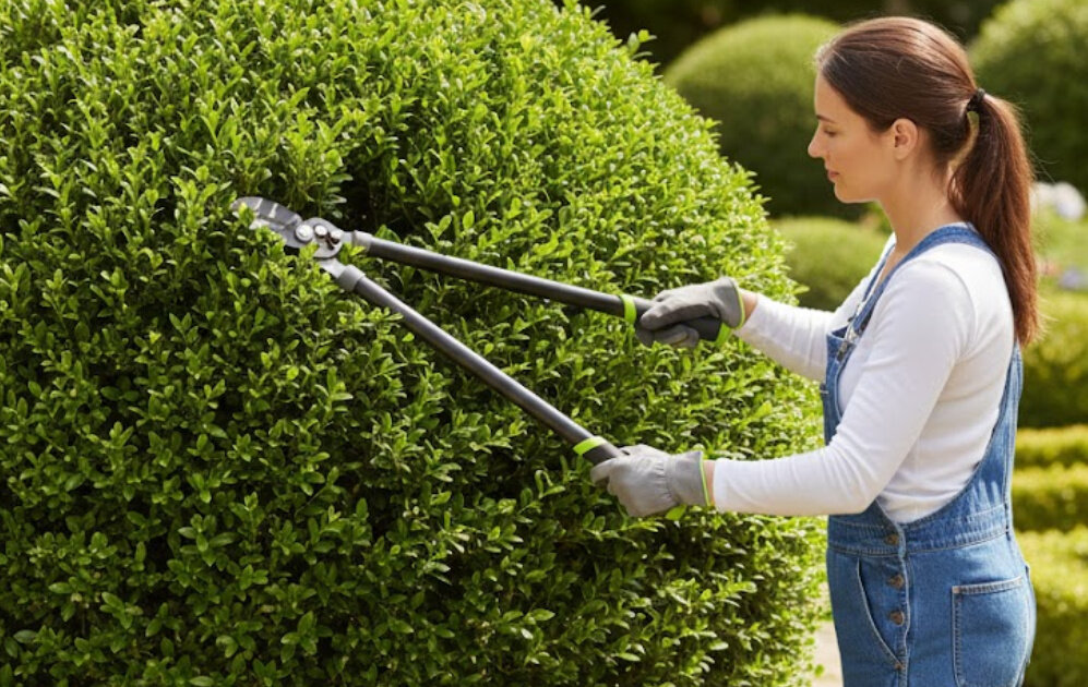 Sekator do gałęzi STALCO GARDEN S104020412 ogród osoba przycina krzewy w ogrodzie przemyślana budowa odpowiednie wyważenie długi uchwyt zwiększa siłę cięcia sprawna organizacja prac ogrodowych