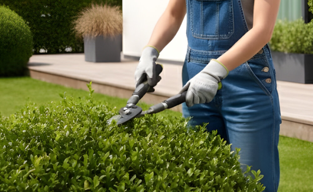 Sekator do gałęzi STALCO GARDEN S104020415 ogród osoba przycina żywopłot w tle dom taras do pielęgnacyjnego cięcia roślin w ogrodzie, sadzie i na działce przycinanie młodych pędów, świeżych gałęzi formowanie krzewów konstrukcja nożycowa (mijająca)