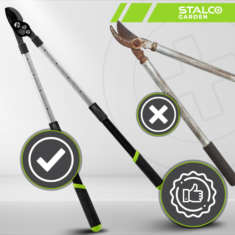 Sekator do gałęzi STALCO GARDEN S104020415 jasne tło sekator w dwóch ujęciach czysty i zardzewiały ostrze pokryte teflonem ogranicza tarcie zapobiega przywieraniu soków i resztek roślinnych cięcie przebiega płynnie opór podczas pracy jest mniejszy ułatwia to czyszczenie narzędzia i zmniejsza ryzyko korozji