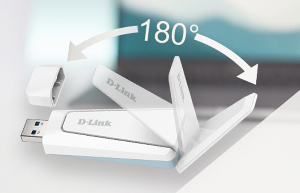 Karta sieciowa D-LINK AX18U Karta sieciowa USB z rozkładaną anteną pokazana w różnych pozycjach odchylenia, oznaczona kątem 180 stopni, wymiary, wielkość, składana antena