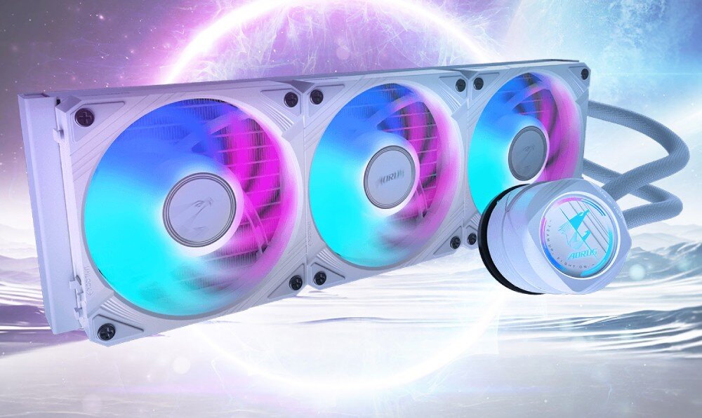 Komputer MAD DOG Powered by Gigabyte AORUS301WH-A01DR32 Chłodzenie cieczą typu all-in-one z trzema wentylatorami RGB i podświetlaną pompą, na tle graficznym, chłodzenie wodne, temperatura, podświetlenie