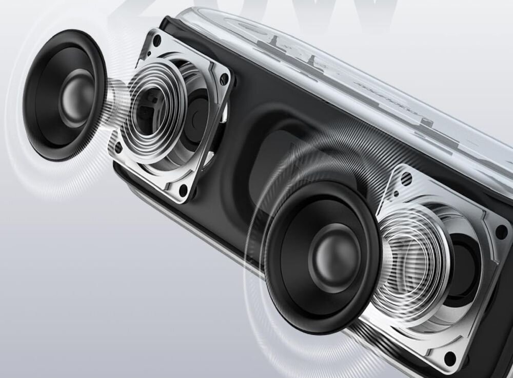 Głośnik mobilny SOUNDCORE Select 2S moc 20 W stereo dwa przetworniki, przekrój budowy głośnika na szarym tle