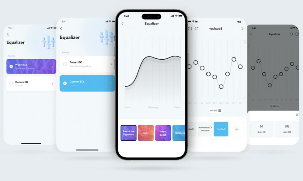 Głośnik mobilny SOUNDCORE Select 2S equalizer 9-pasmowy aplikacja soundcore, kadry ze smartfona, smartfon na jasnym tle