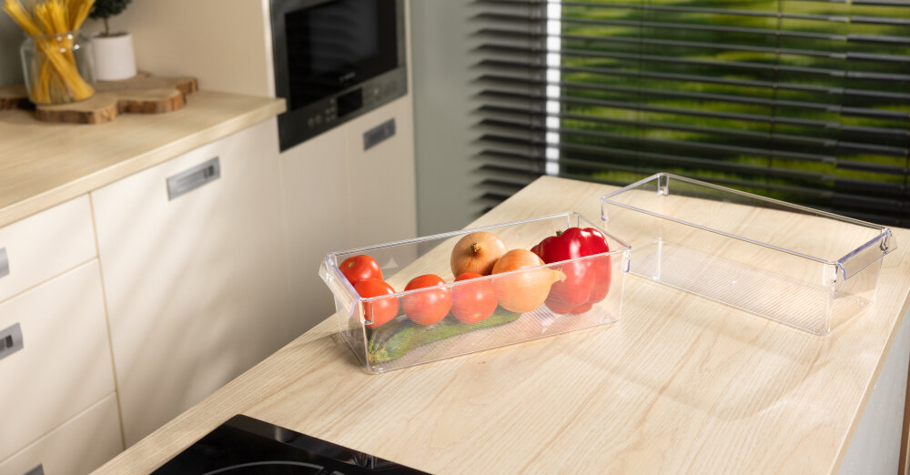 Organizer do lodówki EASYFORM Tall Mini warzywa pomidory cebula ogórek blat kuchnia lifestyle świeżość łatwe utrzymanie czystości czyszczenie gładka powierzchnia szybkie czyszczenie złożenie jeden w drugi