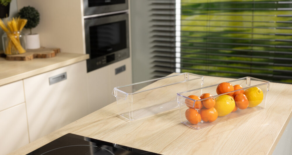 Organizer do lodówki EASYFORM Tall Mini warzywa pomidory cebula ogórek blat kuchnia lifestyle świeżość łatwe utrzymanie czystości czyszczenie gładka powierzchnia szybkie czyszczenie złożenie jeden w drugi