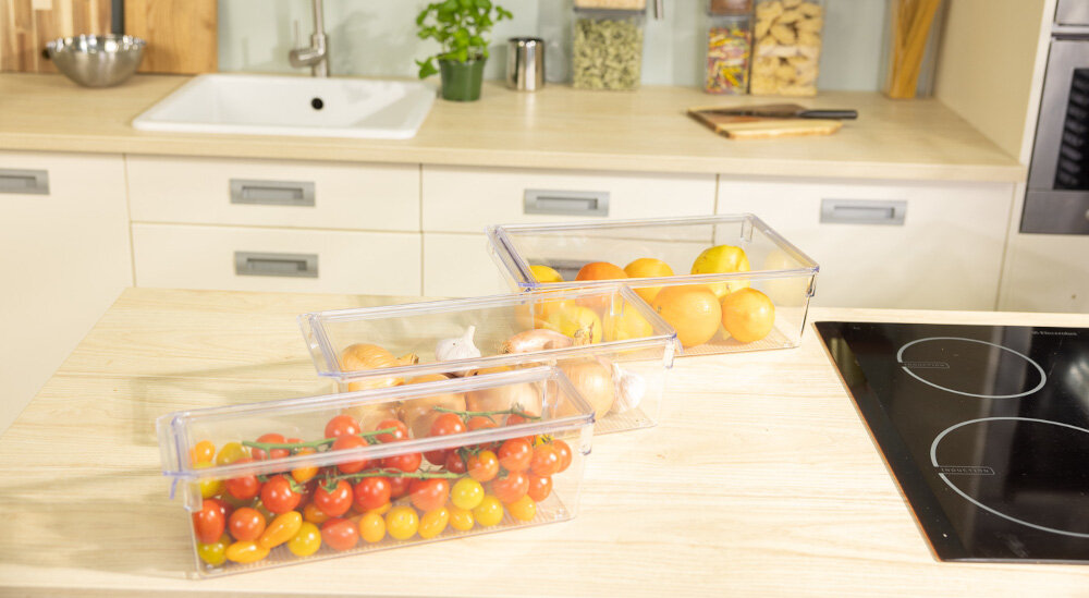 Organizer do lodówki EASYFORM Tall Maxi z pokrywą blat kuchnia cytrusy pomidory warzywa owoce lifestyle świeżość pojemnik do szafek kuchennych do lodówek na blat kuchenny utrzymanie porządku łatwy dostęp