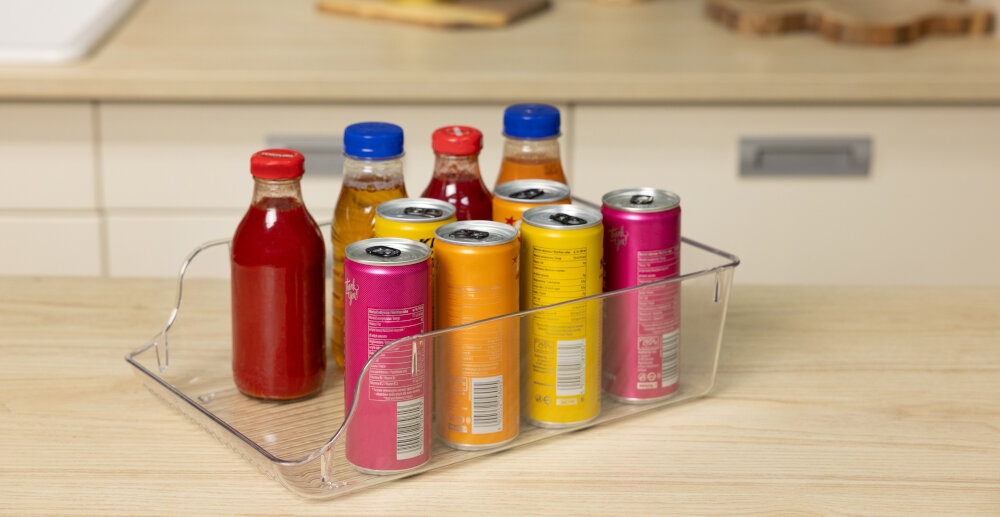 ZESTAW ORGANIZERÓW DO LODÓWKI EASYFROM CLEAR CAN butelki kolorowe puszki kuchnia blat zestaw 4 sztuki duży pojemnik 8,5 l korytko owoce warzywa wędliny sery napoje w puszkach stojak łączenie pojemników wino butelki