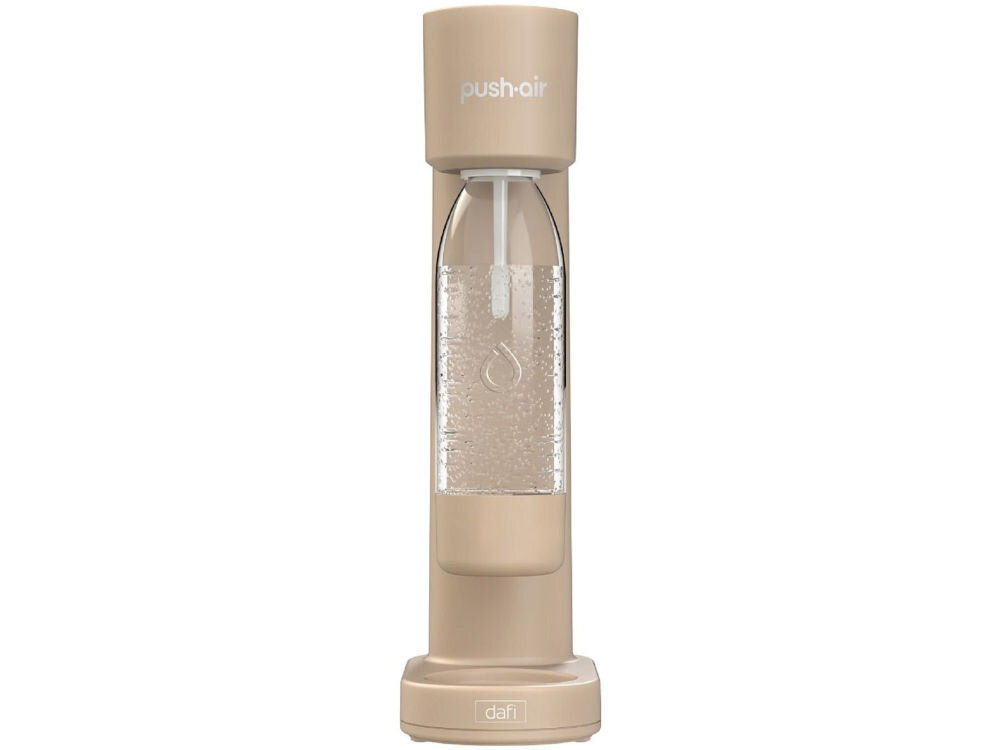 Saturator DAFI PushAir Cappuccino + butelka białe tło saturator w kolorze cappuccino butelka z wodą zamontowana do urządzenia kompaktowe wymiary (430 mm wysokości, 120 mm szerokości, 230 mm głębokości) na każdym blacie kuchennym praktyczność elegancja nie zajmuje zbyt dużo miejsca