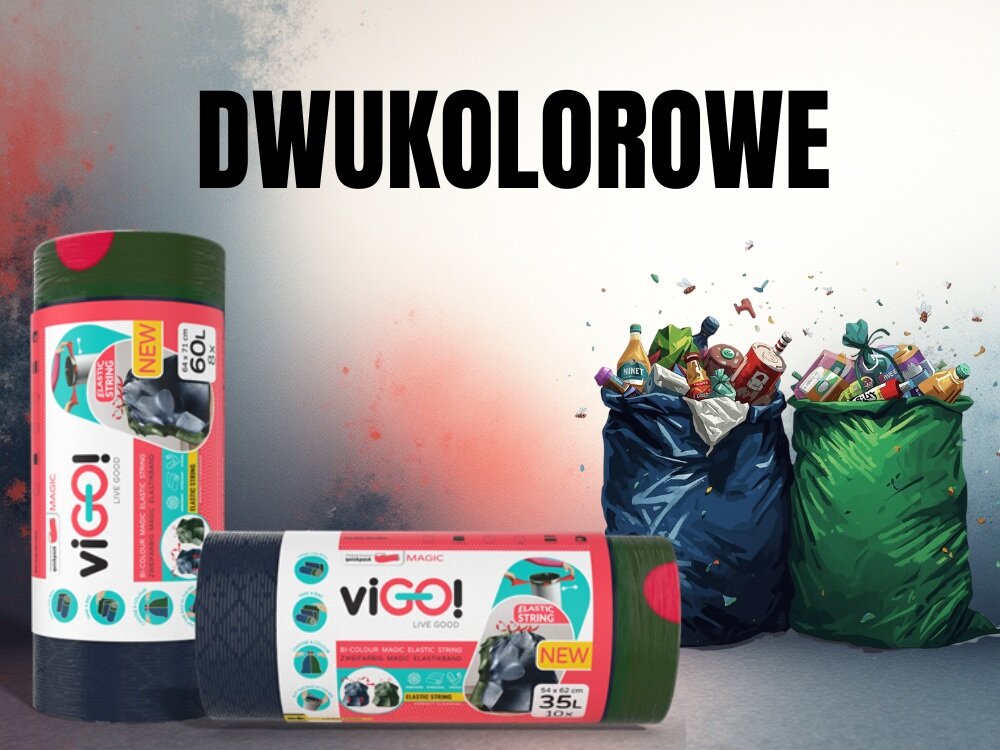 Worki na śmieci VIGO Magic 60L (8 sztuk) taśma elastyczna zapachowe 2 kolorowe worki, z tworzywa z recyklingu, łatwiejsze sprzątanie