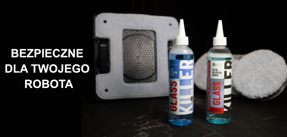 Płyn do mycia okien lifestyle napis robot sprzątający opakowania butelki MAŁY ROBOCIK Glass Killer 250 ml