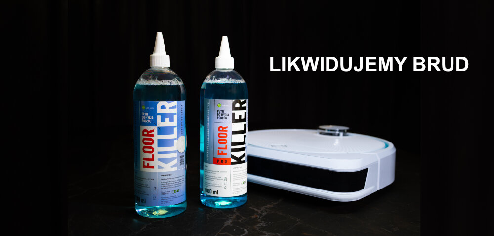 PŁYN DO MYCIA PODŁÓG MAŁY ROBOCIK NISKOPIENIĄCY FLOOR Killer Pro 1000ML lifestyle odkurzacz uzupełnienie płynu opakowanie Uniwersalny średniopieniący Bezpieczny bez smug śladów