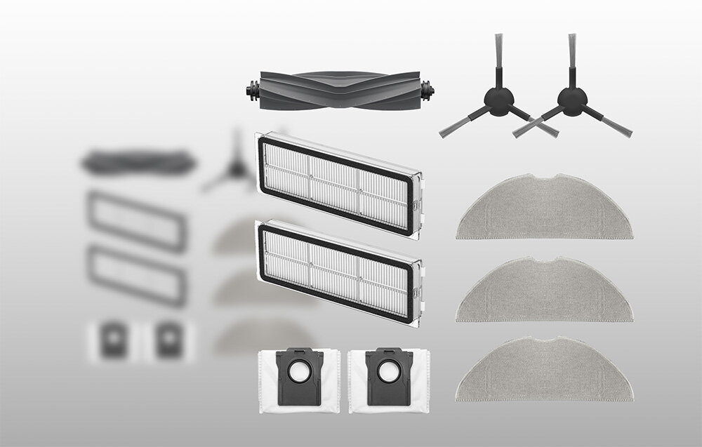 Zestaw akcesoriów MOVA do S10 Plus szczotka główna do dywanów i podłóg, dwie szczotki boczne do narożników, pady mopujące filtry eliminujące kurz i alergeny worki na kurz czas użytkowania Nieskazitelną czystość