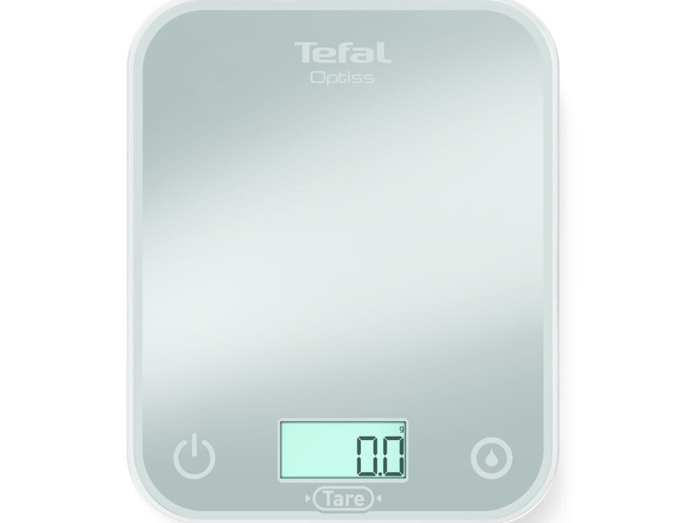 Waga kuchenna TEFAL BC50U4V0 waga wyświetlacz przyciski srebrny kolor białe tło funkcja automatycznego wyłączania oszczędzanie energii zwiększa efektywność użytkowania wskaźnik przekroczenia obciążenia sygnalizuje zbyt duży ciężar wytrzymałość długa żywotność wygoda użytkowania