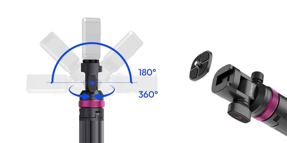 Głowica statywu z oznaczeniem obrotu o 360° i nachylenia 180°. Obok zbliżenie na zdejmowaną płytkę montażową.