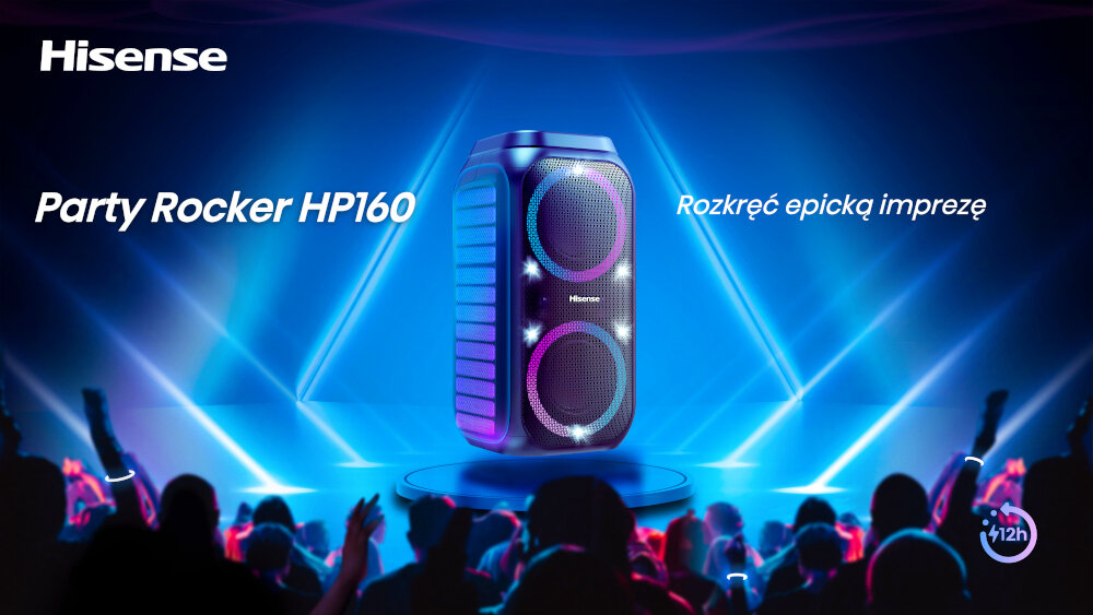 Power audio HISENSE HP160 - Muzyka, światła i emocje, power audio stojący na scenie