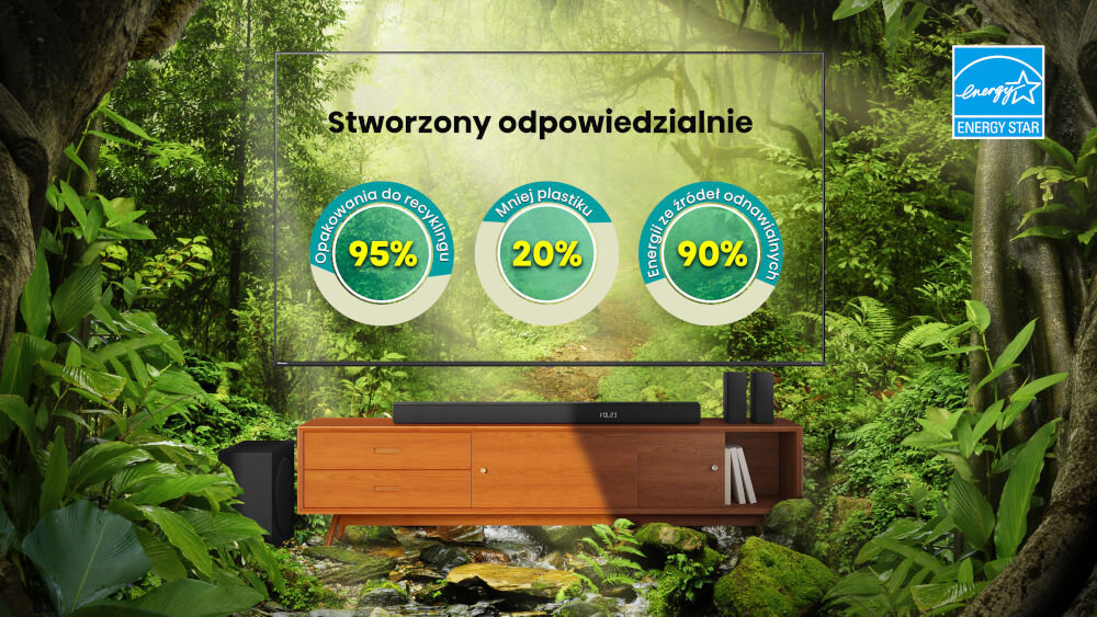 Soundbar HISENSE HS5100 - Ekologiczne podejście, soundbar wraz z głośnikami stojący na komodzie w środku lasu