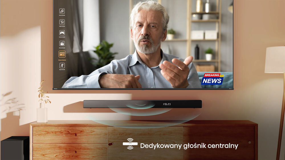 Soundbar HISENSE HS5100 - Czyste dialogi, soundbar powieszony na ścianie pod telewizorem