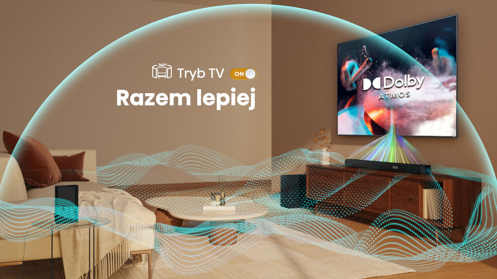 Soundbar HISENSE HS5100 - Dobry dźwięk z telewizorem, soundbar stojący na komodzie pod telewizorem, z soundbara wydobywa się dźwięk