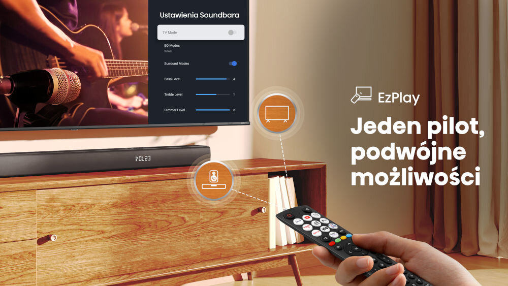 Soundbar HISENSE HS5100 - Jedno sterowanie, duża wygoda, ręka trzymająca piota, który jest skierowany w kierunku soundbara i telewizora