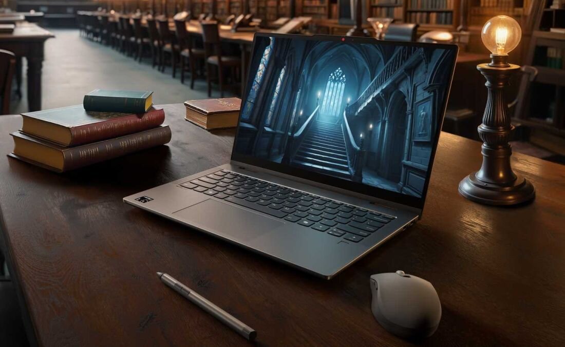 Laptop LENOVO IdeaPad 5 na stole, obok książki i lampka, tworzące przytulne miejsce do pracy lub nauki.