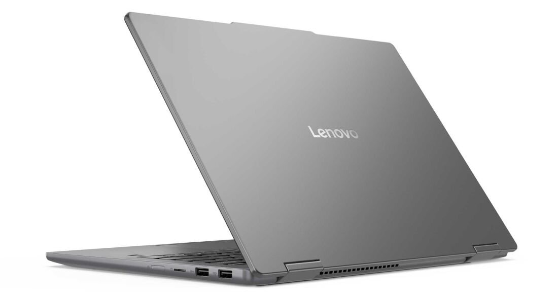 Otwarty laptop LENOVO IdeaPad 5 z szarą pokrywą, pokazujący tylny korpus. - standard militarny MIL-STD-810H