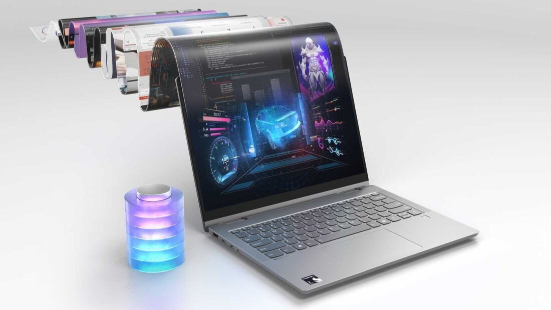 Laptop LENOVO IdeaPad 5 z kolorowym ekranem, ustawiony w jasnym otoczeniu.   - bateria 57 Wh, Rapid Charge Boost