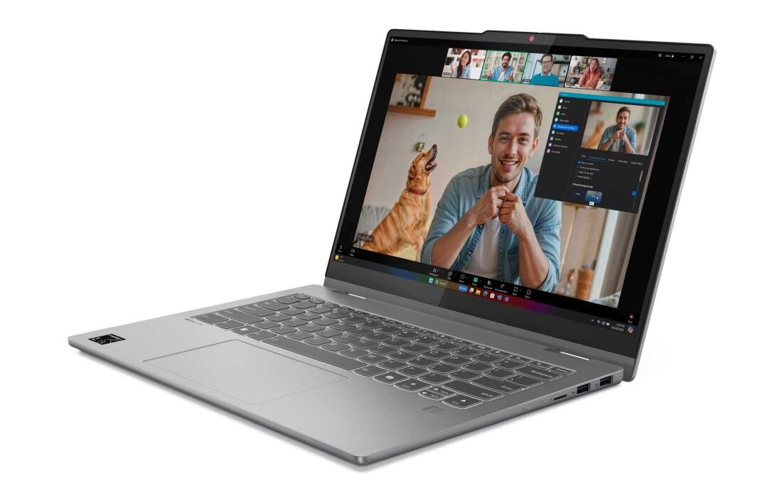 Laptop LENOVO IdeaPad 5 z otwartym ekranem, na którym trwa rozmowa wideo.  - Wyraźny dźwięk i obraz Dolby Audio Kamera FHD 1080p