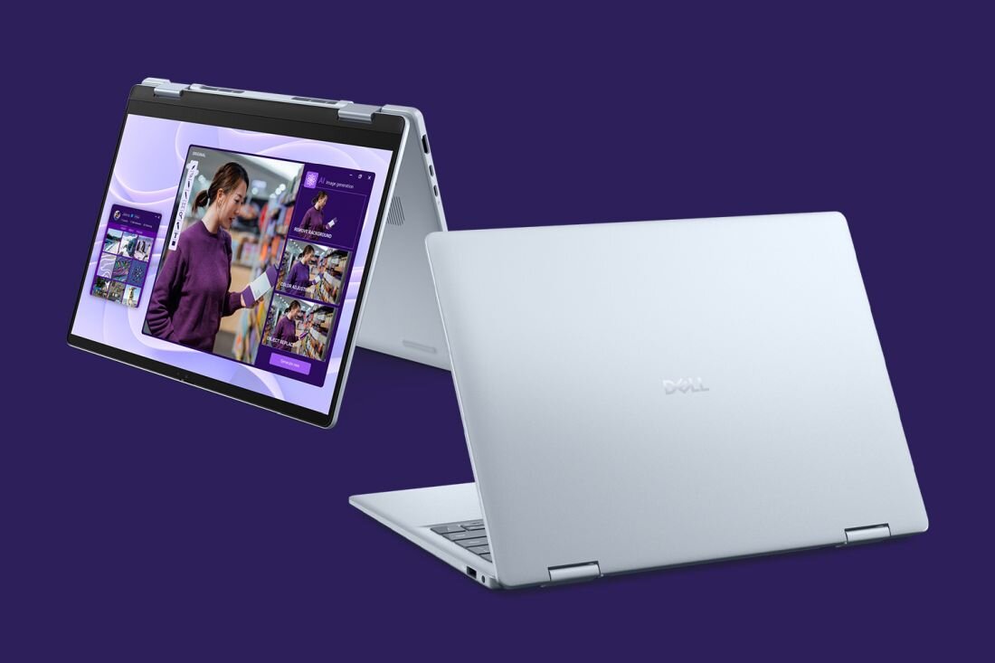 Dwa laptopy DELL 14 Plus 2in1 na fioletowym tle, ukazujące ich elegancki design i nowoczesne funkcje. - Stabilne i szybkie połączenie Wi-Fi 7 