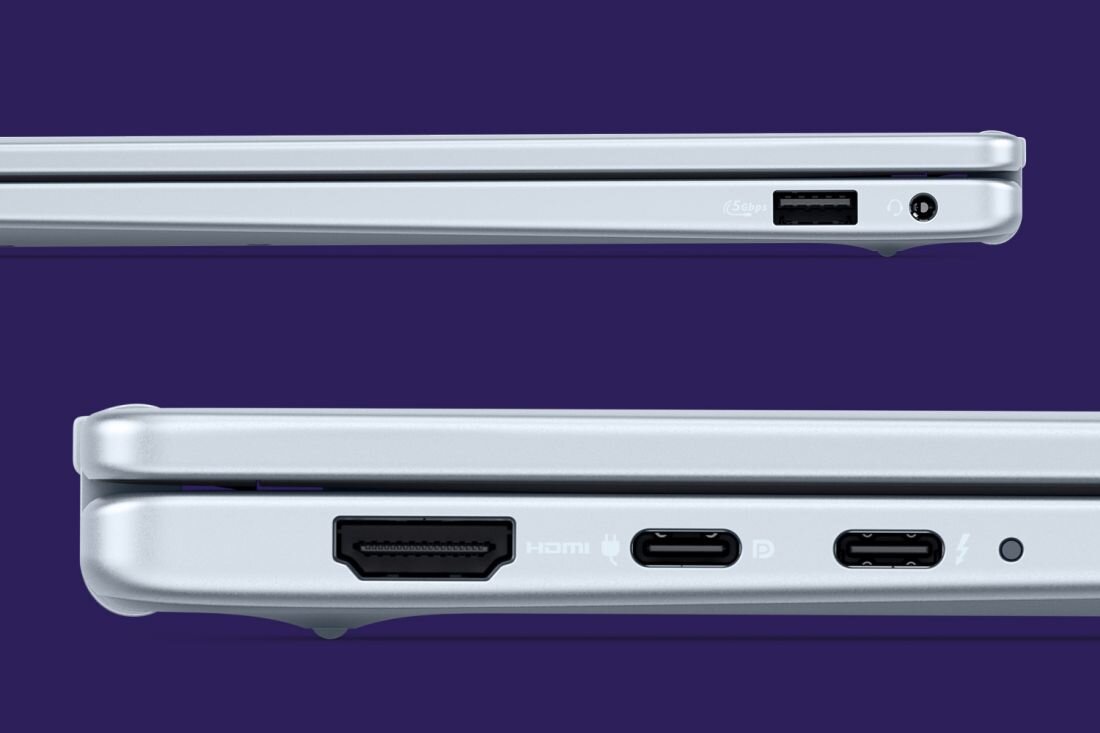 Dwa laptopy DELL 14 Plus 2in1 z widocznymi złączami po bokach. - złącza HDMI, mini jack i Thunderbolt 4 