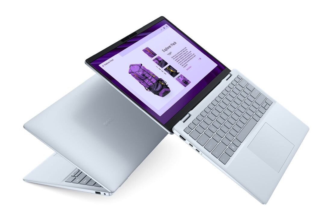 Laptop DELL 14 Plus z purpurowym ekranem i białą klawiaturą, prezentujący elegancki design.  - sprzęt wzbogacony o AI 