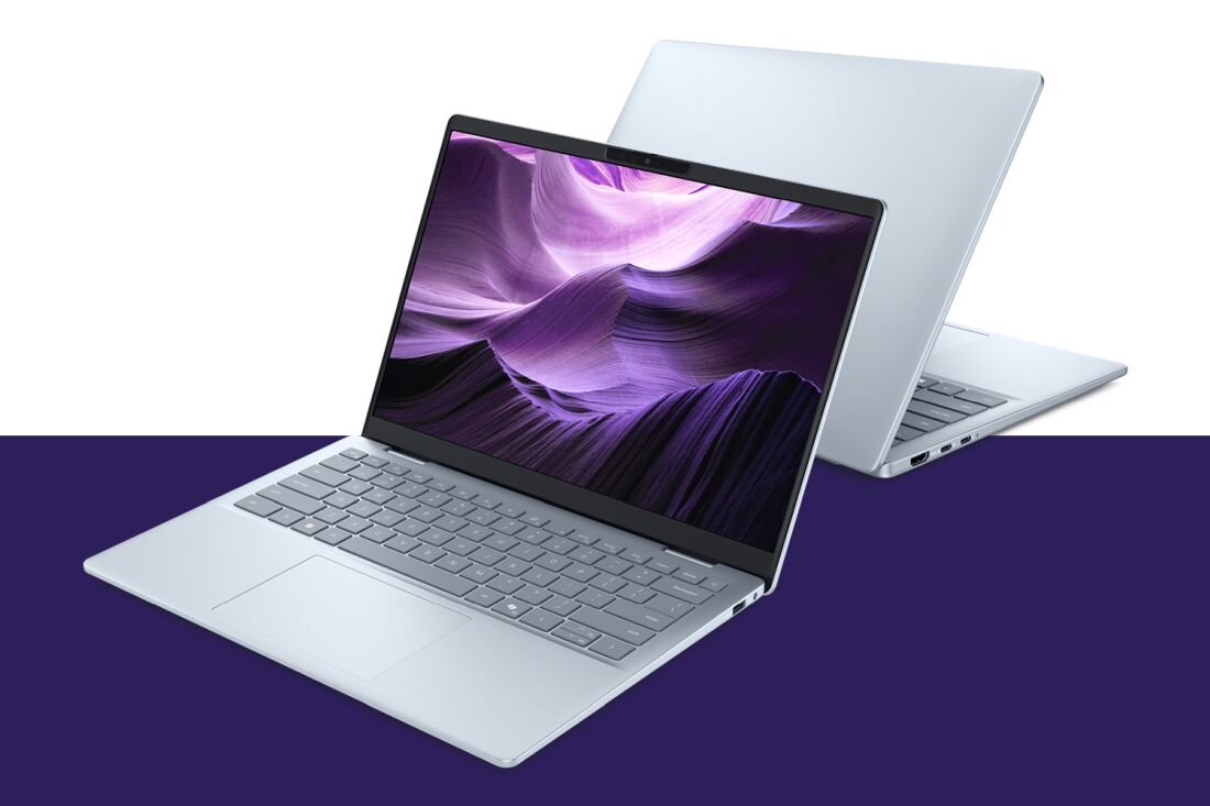 Otwarty laptop DELL 14 Plus na purpurowym tle, pokazujący ekran i klawiaturę.   - kamera FHD, dwa mikrofony oraz głośniki stereo